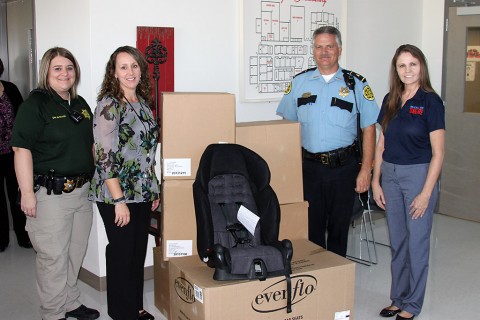 (L to R) Marci Oliver, School Resource Officer; Amy Williams, Pisgah Elementary School Assistant Principal, Sergeant Jimmy Brown; and Lisa McClain, Montgomery County Driver’s Safety Administrator.