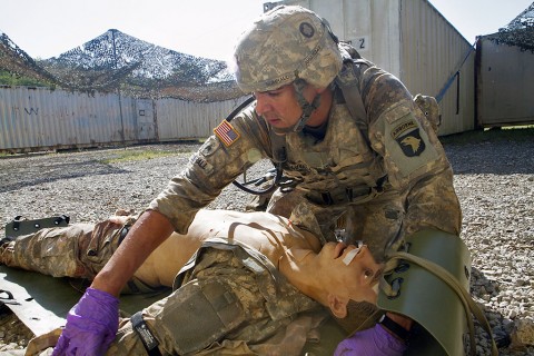 Sgt. Gaines Sumrall, a medic with 101st Airborne Division Artillery, loads a casualty onto a Sked litter during the 101st Airborne Division Best Medic Competition at Fort Campbell, Ky., Sept. 25, 2015. Sumrall, a Beaufort, S.C., native, will represent the 101st Airborne Division with his teammate Spc. Kyle Little at the Command Sgt. Maj. Jack L. Clark Jr. Best Medic Competition in Fort Sam Houston, Texas, in November. (Sgt. William White, 101st Airborne Division (Air Assault) Public Affairs)