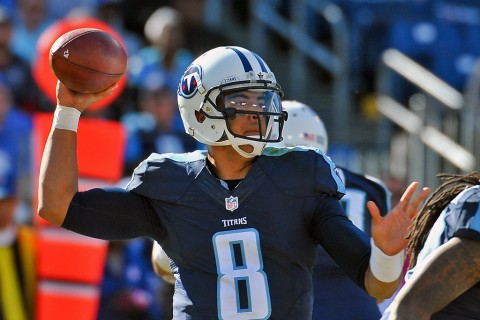 Tennessee Titans quarterback Marcus Mariota (8) passes against the Miami Dolphins during the second half at Nissan Stadium. Miami won 38-10, October 18th, 2015. (Jim Brown-USA TODAY Sports)