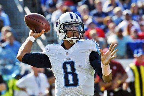 Tennessee Titans quarterback Marcus Mariota (8) passes against the Buffalo Bills during the second half at Nissan Stadium. Buffalo won 14-13 on October 11th, 2015. (Jim Brown-USA TODAY Sports)