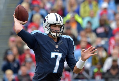 Tennessee Titans quarterback Zach Mettenberger (7) passes against the Atlanta Falcons during the first half at Nissan Stadium. (Jim Brown-USA TODAY Sports)