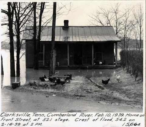 Clarksville, Tennessee, Cumberland River, February 10th, 1939. Home on Front Street, at 52.1 stage. Crest of flood, 54.2 on February 16th, 1938 at 2:00pm. (Courtesy Asset)