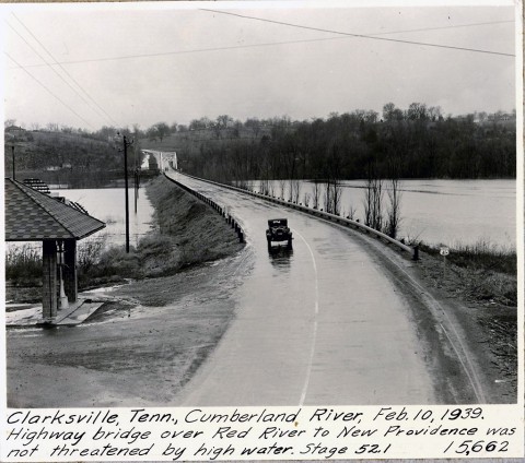 Clarksville, Tennessee, Cumberland River, February 10th, 1939. Highway bridge over Red River to New Providence was not threatened by high water. Stage 53.1. (Courtesy Asset)