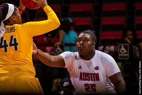 Austin Peay Women's Basketball's Tearra Banks has 18 points and 10 rebounds in 77-56 loss against Wright State Saturday afternoon. (APSU Sports Information)