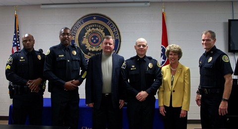 Sgt Nicholas Newman, Lt Vincent Lewis, Lt Dale Ward, Lt Daniel Lane, Mayor Kim McMillan, and Chief Al Ansley. (CPD)