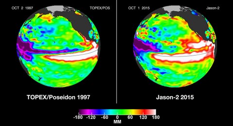 In this side-by-side visualization, Pacific Ocean sea surface height anomalies during the 1997-98 El Niño (left) are compared with 2015 Pacific conditions (right). The 1997 data are from the NASA/CNES Topex/Poseidon mission; the current data are from the NASA/CNES/NOAA/EUMETSAT Jason-2 mission. (NASA/JPL-Caltech)