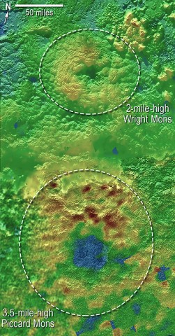 Using New Horizons images of Pluto’s surface to make 3-D topographic maps, scientists discovered that two of Pluto’s mountains, informally named Wright Mons and Piccard Mons, could be ice volcanoes. The color depicts changes in elevation, blue indicating lower terrain and brown showing higher elevation. Green terrains are at intermediate heights. (NASA/JHUAPL/SwRI)