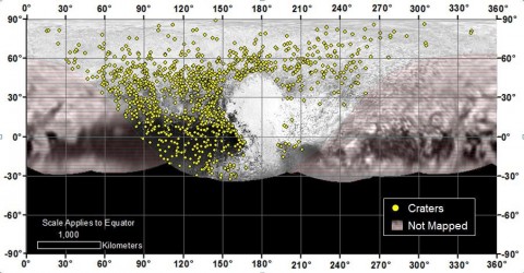 Locations of more than 1,000 craters mapped on Pluto by NASA’s New Horizons mission indicate a wide range of surface ages, which likely means Pluto has been geologically active throughout its history. (NASA/JHUAPL/SwRI)