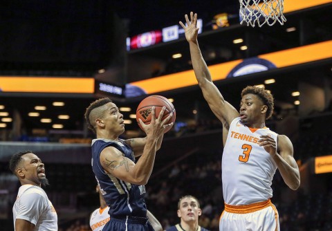 George Washington Colonials guard Joe McDonald (22) takes a shots while Tennessee Volunteers guard Robert Hubbs III (3) defends at Barclays Center. George Washington won, 73-70. (Vincent Carchietta-USA TODAY Sports) George Washington Colonials guard Joe McDonald (22) takes a shots while Tennessee Volunteers guard Robert Hubbs III (3) defends at Barclays Center. George Washington won, 73-70. (Vincent Carchietta-USA TODAY Sports)