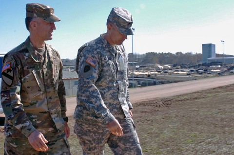 Brigade Gen. John E. Novales II, deputy commanding general of the 101st Airborne (Air Assault) Division, Fort Campbell, Ky., visits Texas Army National Guards' 136th MEB during the Warfighter exercise Nov. 10, 2015. (U.S. Army National Guard Sgt. Elizabeth Pena/Released)