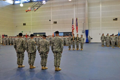 Lt. Col. Phillip Borders and Command Sgt. Maj. Ramon Fisher, the outgoing command team for 326th Brigade Engineer Battalion, 1st Brigade Combat Team, 101st Airborne Division, relinquished their command and responsibility at a ceremony Feb. 5, 2014. Borders and Fisher took command two years ago, after having served with the battalion as junior Soldiers roughly 17 years ago. (Sgt. Samantha Parks, 1st Brigade Combat Team Public Affairs)