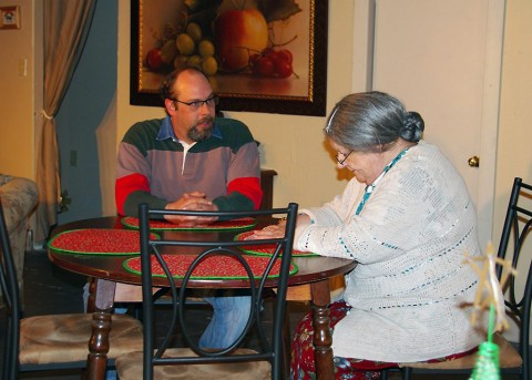 Local actors Benny Jones and Linda Ellis Cunningham rehearse a scene from “One Christmas Night” at the Cumberland Arts Centre.