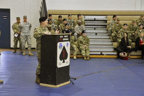 Command Sgt. Maj. Alan Michaud, the outgoing command sergeant major of 1st Battalion, 506th Infantry Regiment, 1st Brigade Combat Team, 101st Airborne Division (Air Assault), thanks the “Red Currahee” Soldiers for continuing to surpass their potential during his 18 months as command sergeant major during his farewell speech at the change of responsibility ceremony Dec. 1, 2015 at Sabo Gym. Michaud transferred responsibility to Command Sgt. Maj. James Brasher. (Sgt. Samantha Stoffregen, 1st Brigade Combat Team, 101st Airborne Division (Air Assault) Public Affairs)