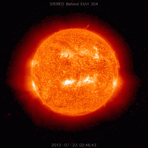 STEREO-B captured this view of an erupting coronal mass ejection on July 23, 2012. The unique vantage points of the two STEREO spacecraft gave us unprecedented simultaneous views of the entire sun. (NASA/STEREO) STEREO-B captured this view of an erupting coronal mass ejection on July 23, 2012. The unique vantage points of the two STEREO spacecraft gave us unprecedented simultaneous views of the entire sun. (NASA/STEREO)