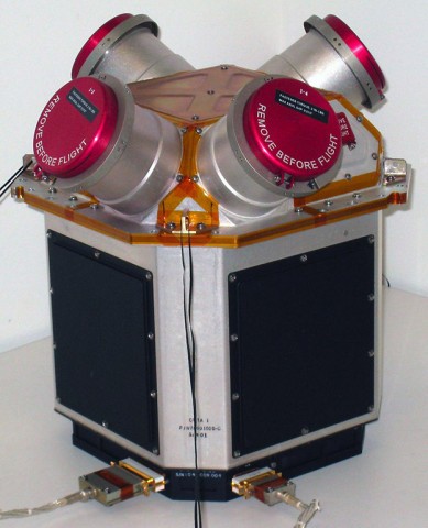 This cluster of four colloid thrusters is part of the Disturbance Reduction System, developed by NASA-JPL, which will help keep ESA's LISA Pathfinder spacecraft extremely stable. (ESA/NASA/JPL-Caltech) This cluster of four colloid thrusters is part of the Disturbance Reduction System, developed by NASA-JPL, which will help keep ESA's LISA Pathfinder spacecraft extremely stable. (ESA/NASA/JPL-Caltech)