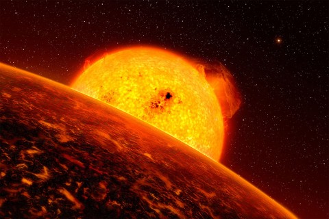 Molten exoplanet CoRoT-7b is a good analog for the Star Wars sizzling lava planet Mustafar. While you won't see any lightsaber duels on CoRoT-7b, the planet's temperature of 3,600 degrees Fahrenheit (1,982 Celsius) isn't far off from the fictional magma mining station. (ESO/L. Calcada)