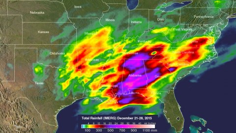 A NASA rainfall analysis from December 23rd to 27th showed highest rainfall totals of almost 938 mm (36.8 inches) were measured by IMERG in the state of Alabama. (NASA/JAXA/SSAI, Hal Pierce)