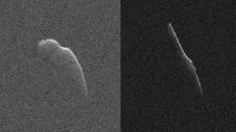 These images of an asteroid 3,600 feet (1,100 meters) long were taken on Dec. 17 (left) and Dec. 22 by scientists using NASA's giant Deep Space Network antenna at Goldstone, California. This asteroid will safely fly past Earth on Dec. 24, at a distance of 6.8 million miles (11 million kilometers). (NASA/JPL-Caltech/GSSR)