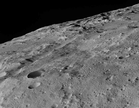 This image of Ceres was taken in Dawn's low-altitude mapping orbit around a crater chain called Gerber Catena. A 3-D view is also available. (NASA/JPL-Caltech/UCLA/MPS/DLR/IDA) This image of Ceres was taken in Dawn's low-altitude mapping orbit around a crater chain called Gerber Catena. A 3-D view is also available. (NASA/JPL-Caltech/UCLA/MPS/DLR/IDA)