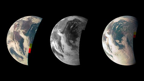 This trio of Junocam views of Earth was taken during Juno's close flyby on October 9th, 2013. (NASA/JPL-Caltech/MSSS)