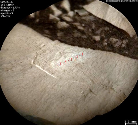 This image from the Chemistry and Camera (ChemCam) instrument on NASA's Curiosity Mars rover shows detailed texture of a rock target called "Elk" on Mars' Mount Sharp, revealing laminations that are present in much of the Murray Formation geological unit of lower Mount Sharp. (NASA/JPL-Caltech/LANL/CNES/IRAP/LPGNantes/CNRS/IAS) This image from the Chemistry and Camera (ChemCam) instrument on NASA's Curiosity Mars rover shows detailed texture of a rock target called "Elk" on Mars' Mount Sharp, revealing laminations that are present in much of the Murray Formation geological unit of lower Mount Sharp. (NASA/JPL-Caltech/LANL/CNES/IRAP/LPGNantes/CNRS/IAS)