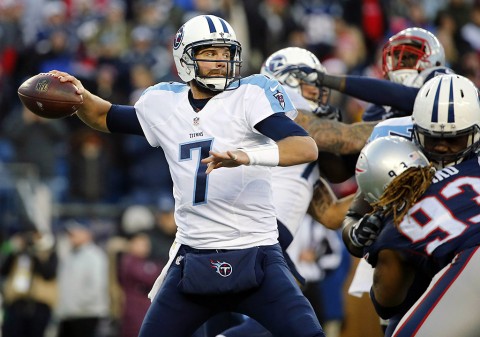 Tennessee Titans quarterback Zach Mettenberger (7) throws under pressure during the second half of the New England Patriots 33-16 win over the Tennessee Titans at Gillette Stadium on December 20th, 2015. (Winslow Townson-USA TODAY Sports)