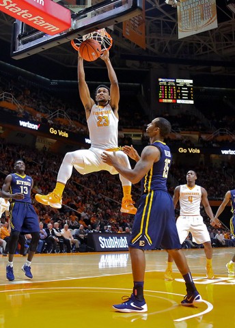 Tennessee Volunteers forward Derek Reese (23) dunks the ball against East Tennessee State Buccaneers forward Lester Wilson (15) during the first half at Thompson- Boling Arena. (Randy Sartin-USA TODAY Sports)