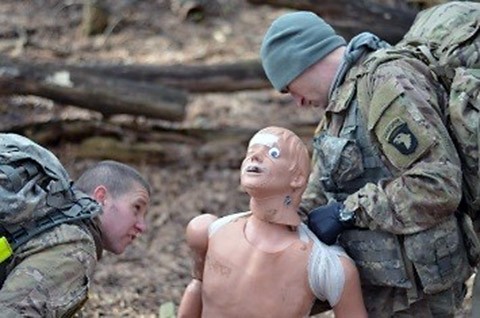 Sgt. Ethan Lambert and Spc. David Hull, combat medics, 1st Battalion, 502nd Infantry Regiment, Strike, evaluate a casualty during the battalion’s best medic competition at Fort Campbell, Ky., Jan. 14, 2016. The two “First Strike” Soldiers were the winners of the competition. (Staff Sgt. Sierra A. Fown, 2nd Brigade Combat Team, 101st Airborne Division (Air Assault) Public Affairs)