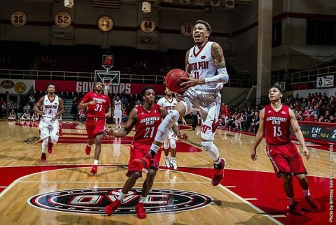 Austin Peay senior guard Khalil Davis limits Jacksonville State's top gun Erci Durham to seven points in win. (APSU Sports Information)