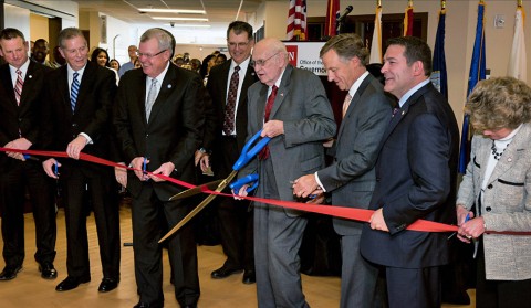 Pictured from left, Montgomery County Mayor Jim Durrett, Rep. Joe Pitts, Rep. Curtis Johnson, Rep. Jay Reedy, Brig. Gen. Wendell Gilbert, Governor Bill Haslam, Sen. Mark Green, and Clarksville Mayor Kim McMillan.