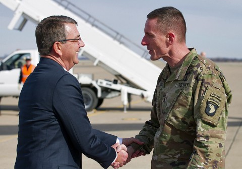 Secretary Of Defense Ashton B. Carter meets with Maj. Gen. Gary J. Volesky after his arrival to Fort Campbell, Kentucky, home of the 101st Airborne Division (Air Assault), Jan. 13, 2016. Carter visited 101st Airborne Division Soldiers to talk about the threat of ISIL before their upcoming deployment. (Sgt. William White)