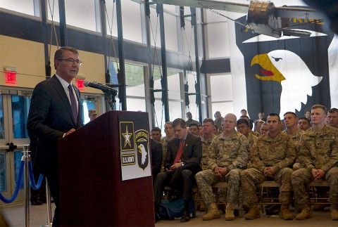 U.S. Secretary of Defense Ashton B. Carter speaks to 101st Airborne Division (Air Assault) Soldiers during a visit to Fort Campbell, Ky., Jan. 13, 2016. Carter visited Fort Campbell Soldiers to talk about the division's upcoming mission and to thank deploying Soldiers for their sacrifices. (Sgt. William White)