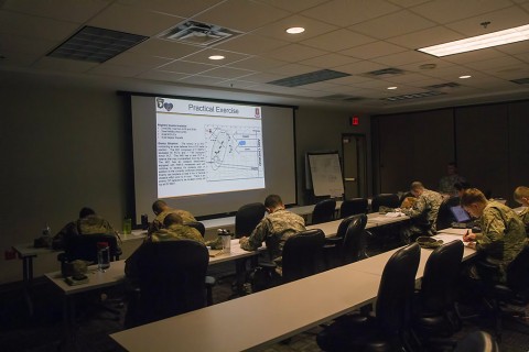 Soldiers from the 39th Brigade Engineer Battalion, 2nd Brigade Combat Team, 101st Airborne Division (Air Assault), conduct a practical exercise at the 39th BEB Engineer Academy, at Fort Campbell, KY, Jan. 13, 2016. The academy was designed to take engineer lieutenants and give them the knowledge base on how to work with light Air Assault battalions. (Staff Sgt. Terrance D. Rhodes, 2nd Brigade Combat Team, 101st Airborne Division (Air Assault) Public Affairs)