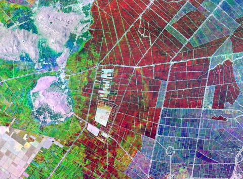 These two satellite images depict the An Giang Province in Vietnam’s Mekong Delta, a major rice-producing region, at different times of year. Dark blue and black areas are inundated and have low biomass, while white and gray areas are other crops like row crops and trees. The differences in color indicate a change in the ratio between soil moisture and biomass. (NASA)