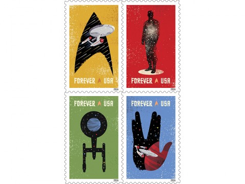 Celebrating the 50th anniversary of the television premiere, the new Star Trek Forever stamps showcase four digital illustrations inspired by the television program: the Starship Enterprise inside the outline of a Starfleet insignia against a gold background, the silhouette of a crewman in a transporter against a red background, the silhouette of the Enterprise from above against a green background, and the Enterprise inside the outline of the Vulcan statue against a blue background. The words “Space…the Final Frontier,” from Captain Kirk’s famous voice-over appear against a background of stars. (USPS/Heads of State under the art direction of Antonio Alcalá © 2016 USPS)