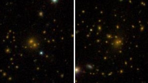 This comparison of galaxy clusters from the Sloan Digital Sky Survey DR8 galaxy catalog shows a spread-out cluster (left) and a more densely-packed cluster (right). A new study shows that these differences are related to the surrounding dark-matter environment. (Sloan Digital Sky Survey)