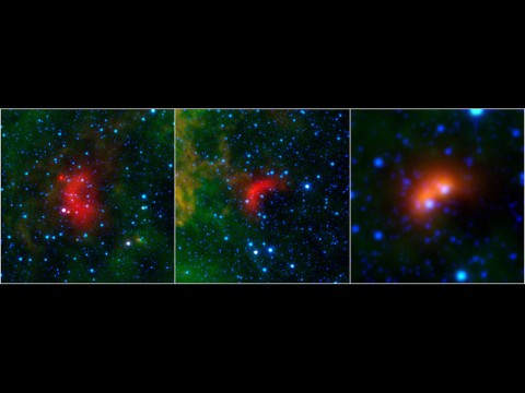 Bow shocks thought to mark the paths of massive, speeding stars are highlighted in these images from NASA's Spitzer Space Telescope and Wide-field Infrared Survey Explorer, or WISE. (NASA/JPL-Caltech/University of Wyoming) Bow shocks thought to mark the paths of massive, speeding stars are highlighted in these images from NASA's Spitzer Space Telescope and Wide-field Infrared Survey Explorer, or WISE. (NASA/JPL-Caltech/University of Wyoming)