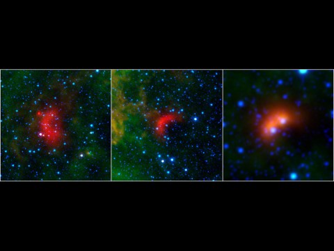 Bow shocks thought to mark the paths of massive, speeding stars are highlighted in these images from NASA's Spitzer Space Telescope and Wide-field Infrared Survey Explorer, or WISE. (NASA/JPL-Caltech/University of Wyoming)