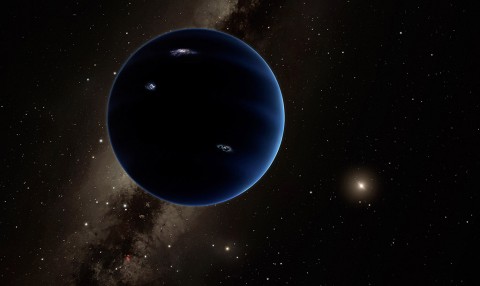 This artistic rendering shows the distant view from Planet Nine back towards the sun. The planet is thought to be gaseous, similar to Uranus and Neptune. Hypothetical lightning lights up the night side. (Caltech/R. Hurt (IPAC))