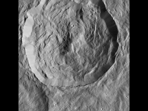 NASA's Dawn spacecraft viewed this Cerean crater, which is covered in ridges and steep slopes, called scarps on Dec. 23, 2015. (NASA/JPL-Caltech/UCLA/MPS/DLR/IDA)