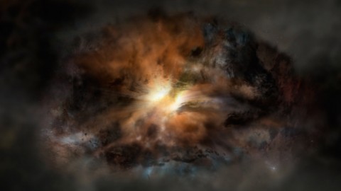 This artist's rendering shows a galaxy called W2246-0526, the most luminous galaxy known. New research suggests there is turbulent gas across its entirety, the first example of its kind. (NRAO/AUI/NSF; Dana Berry / SkyWorks; ALMA (ESO/NAOJ/NRAO))