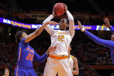 Tennessee Lady Volunteers forward Bashaara Graves (12) shoots the ball against Florida Gators guard Simone Westbrook (20) during the first quarter at Thompson-Boling Arena. Graves had career-high 19 rebounds in loss to Gators. (Randy Sartin-USA TODAY Sports)