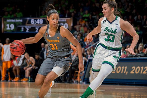 Tennessee Lady Volunteers guard Jaime Nared (31) dribbles as Notre Dame Fighting Irish forward Kathryn Westbeld (33) defends in the second quarter at the Purcell Pavilion. (Matt Cashore-USA TODAY Sports)