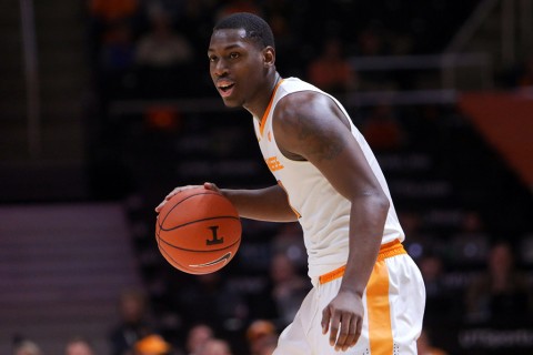 Tennessee Volunteers forward Armani Moore (4) moves the ball against the South Carolina Gamecocks during the second half at Thompson-Boling Arena. Tennessee won 78 to 69. (Randy Sartin-USA TODAY Sports)