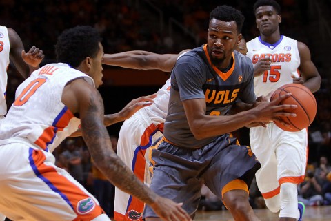 Tennessee Volunteers guard Kevin Punter (0) moves the ball against Florida Gators guard Kasey Hill (0) during the first half at Thompson- Boling Arena. (Randy Sartin-USA TODAY Sports)