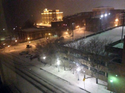 Snowing in Downtown Clarksville Friday morning, January 22nd, 2016. (MCSO)