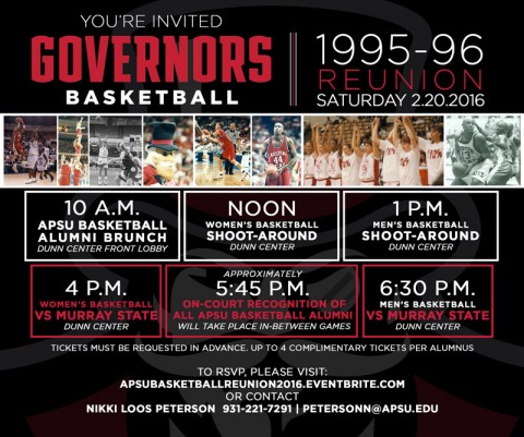 APSU Basketball Reunion to honor 1995-96 Championship Teams Saturday, February 20th APSU Basketball Reunion to honor 1995-96 Championship Teams Saturday, February 20th