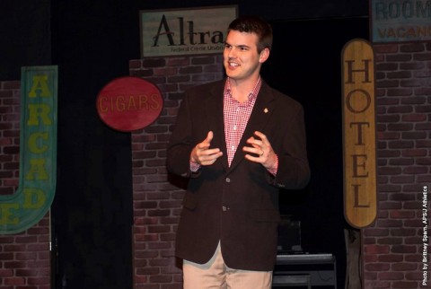 Austin Peay football head coach addresses Governors Club members at the Roxy Regional Theatre Wednesday night. Healy discussed signing day and the Governors football program. (APSU Sports Information)