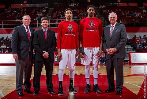 Austin Peay Senior Night. (L to R) Director of Athletics Ryan Ivey, manager Hayden McClain, Khalil Davis, Chris Horton, Men's Basketball coach Dave Loos. (APSU Sports Information)