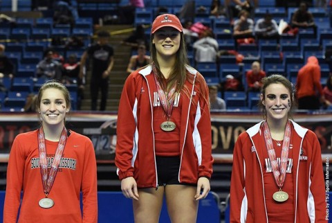 Austin Peay freshman Dascha Hix (center) wins gold and freshman Savannah Amato (right) takes home the bronze in the pole vault at the OVC Indoor Championships. (TSU Sports Information)